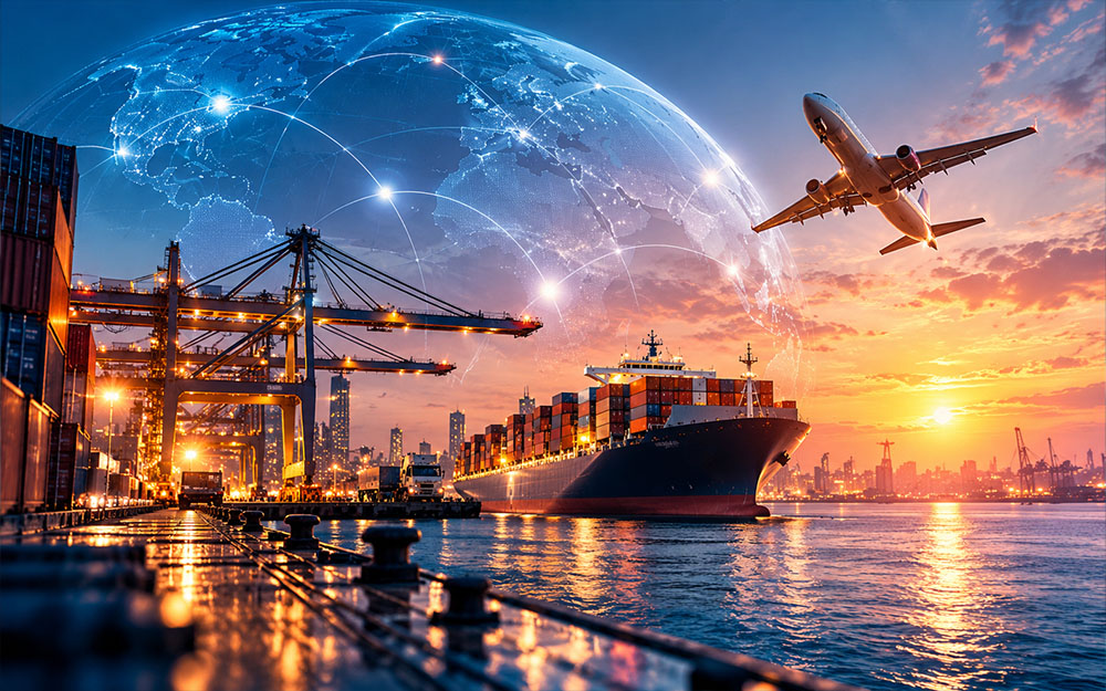 Container ship at sunset docked beside port cranes, with a glowing globe and airplane overhead signaling global shipping. (Informative)
